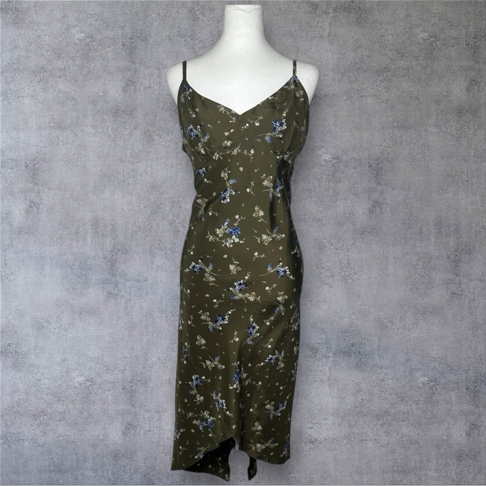 Express Vintage Silk Sleeveless Olive Green Floral Print Midi Slip Dress Size 13